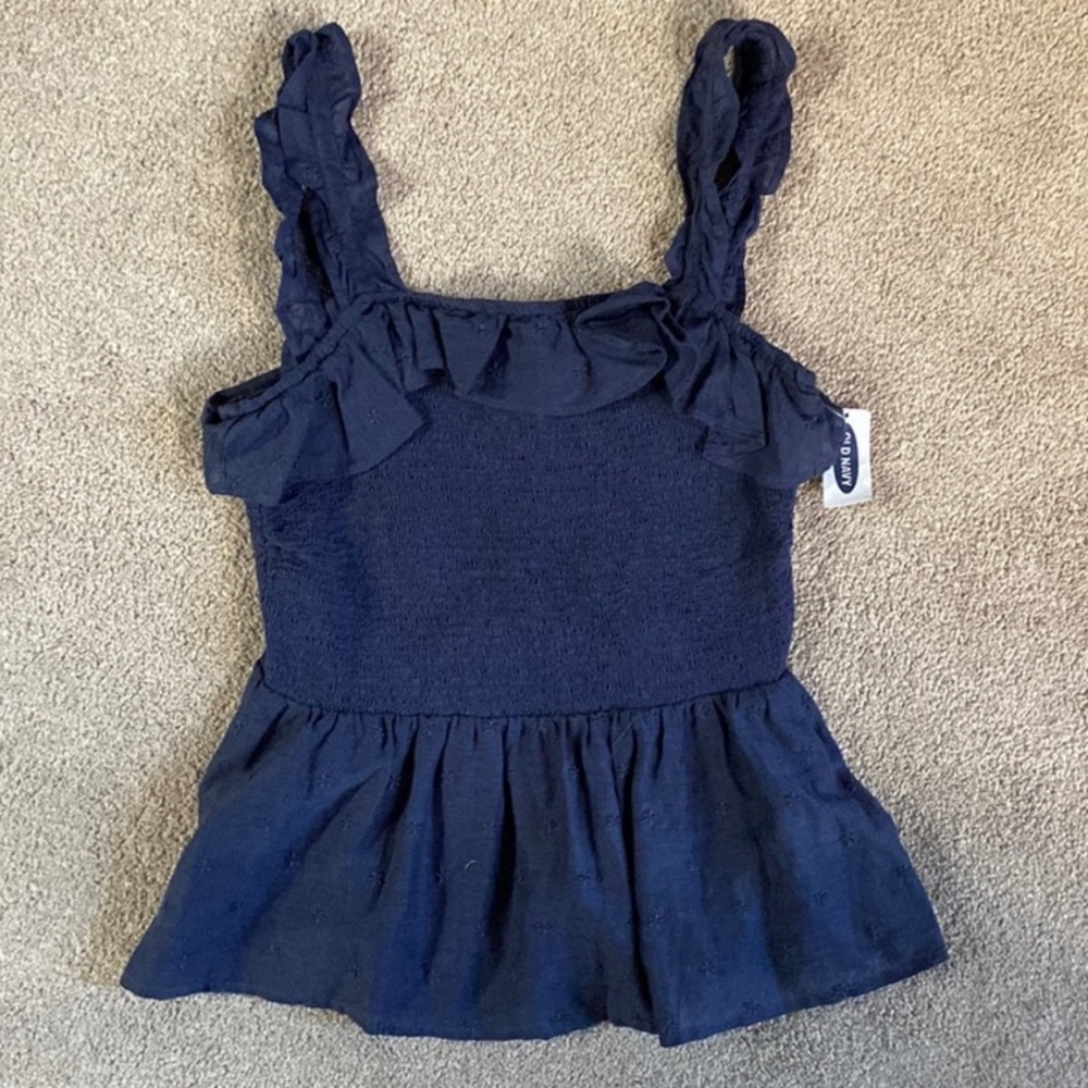 Old Navy Navy Blue Smocked Floral Embroidered Tank Top Size S